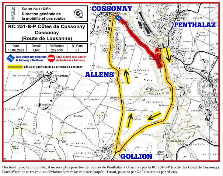 Modification du sens de circulation sur la RC 251-B-P Penthalaz – Cossonay(Côtes de Cossonay) du 3 juillet au 4 août